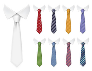 Wall Mural - Men ties. Fabric clothes items for male wardrobe elegant style ties different colors and textures vector realistic mockup collection. Fabric textile, elegance clothing accessory necktie illustration