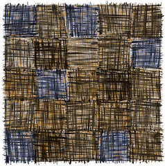 Wall Mural - Rustic checkered mat with  grunge striped rough square elemen in brown, blue ,grey, yellow colors isolated on white