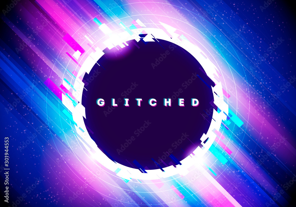 Vector Illustration Futuristic Neon Circle With Glitch Effect On Abstract Distorted Glowing Background. - obrazy, fototapety, plakaty 