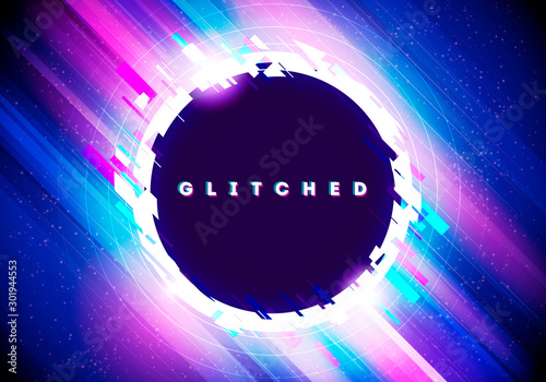 Vector Illustration Futuristic Neon Circle With Glitch Effect On Abstract Distorted Glowing Background Tableau sur Toile