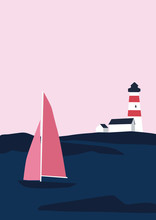Sailing Boat And A Lighthouse On A Hill