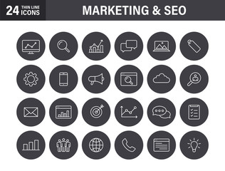 Set of SEO and Marketing and Development web icons in line style. Contact, Target, Website. Vector illustration.