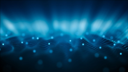 Digital technology background. Network with glowing light blue dots structure. Big data cloud, 3d illustration. Blockchain network concept. Futuristic data flow.