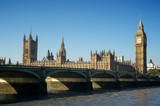 Fototapeta Big Ben - Scenic view of the Houses of Parliament and Westminster Bridge from the south bank of the River Thames on a calm morning in London, UK 