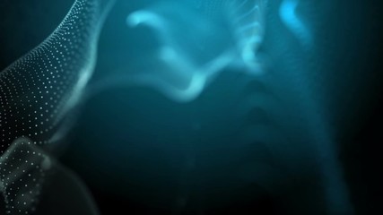 Poster - Fantasy blue textured abstract shape and light particles in organic motion. Waving dots texture of defocused particles. Technology, science and engineering motion background. Depth of field settings. 