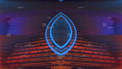 Wall Mural - Head up display background. Mirror Symmetry. Orange, yellow, blue neon background with digital integrated network technology. Printed circuit board. 3D illustration. Circuit board futuristic server