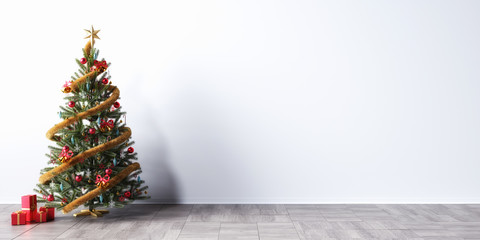 christmas tree in front of a empty white mock-up wall, 3d rendering, 3d illustration