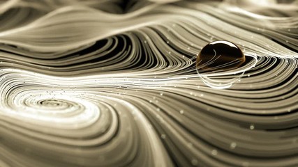 Poster - Animation of sepia brown abstract curved lines and shapes evolving in spiral with a glass sphere among them and small light particles flowing along. Organic look. Depth of field settings. 3D rendering