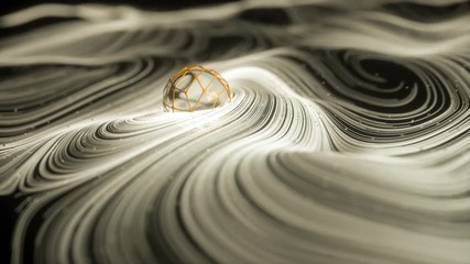 Poster - Animation of white and sepia brown abstract curved lines and shapes evolving in spiral with a high tech glass and metal sphere and light particles flowing. Organic look. Depth of field. 3D rendering.