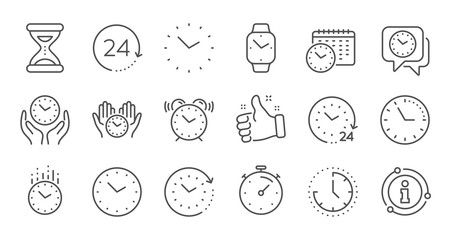 Poster - Time and clock line icons. Timer, Alarm and Smartwatch. Time management, 24 hour clock, deadline alarm icons. Sand hourglass, smartwatch, timer stopwatch. Linear set. Quality line set. Vector