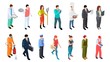 Different professions. Isometric professionals vector collection. 3D people doctor policeman businessman builder military waiter cook. Professional isometric character collection, job illustration