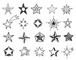 Hand drawn stars. Sketch star shapes, black starburst doodle signs for christmas party invitation, festive texture isolated vector set. Sketch star drawn, hand drawing doodle asterisk illustration