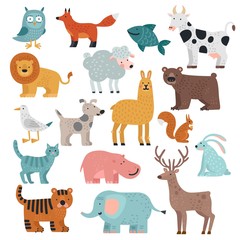 Poster - Cute animals. Tiger, owl and bear, elephant and lion, llama and deer, hare and dog, squirrel wild and farm cartoon animal vector set. Dog and hare, llama and gull, cat and deer illustration