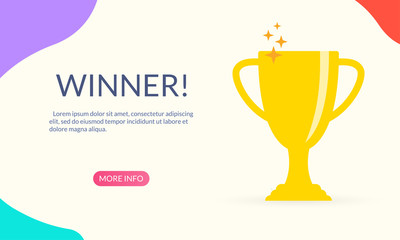 Trophy cup banner. Award, reward, prize and first place symbol. Winner, champion, victory and success concept for landing page. Vector illustration. 