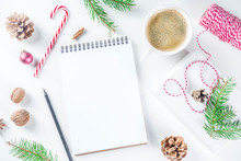 Christmas And New Year Background With Empty Notepad, Pen And Christmas Decorations. To Do List, Wishlist Concept. Mock Up, Frame, Flatlay