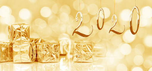 Wall Mural - 2020, new year card, small Christmas gifts in shiny golden paper, bokeh lights background