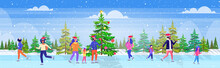 People Skating On Frozen Lake Ice Rink Winter Sport Activity Recreation At Holidays Concept Mix Race Friends Spending Time Together Snowfall Landscape Background Full Length Horizontal Banner Vector