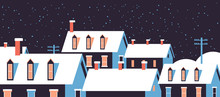 Winter Houses With Snow On Roofs Night Snowy Village Street Merry Christmas Happy New Year Greeting Card Flat Horizontal Closeup Vector Illustration