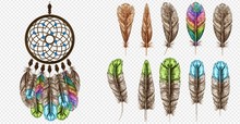 Dream Catcher Vector Illustration. Boho Bohemian Dream Catcher. Feathers Colorful Color. On Transparent Background. Isolated From Each Other. For Your Design.