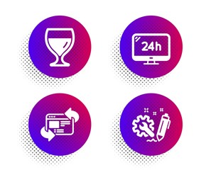 Poster - wine glass, 24h service and refresh website icons simple set. halftone dots button. engineering sign
