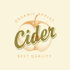 Wall Mural - vector label for apple cider with a realistic image of half an apple and calligraphic inscription on