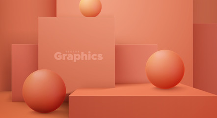 Poster - Minimal geometric interior. Vector 3d illustration. Modern studio space. Coral background. Futuristic showroom concept. Stage or podium for product exposition. Geometric cubes and spheres