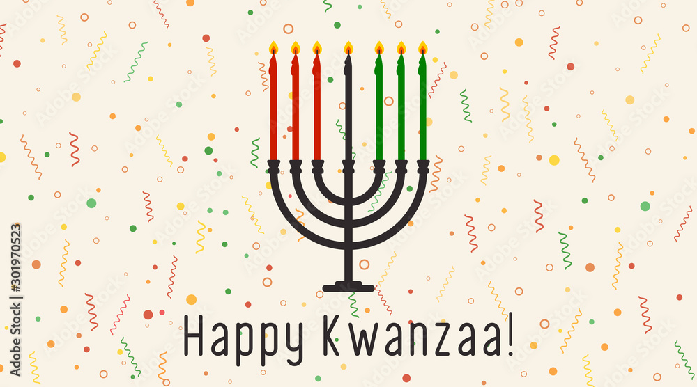 Vector illustration of Happy Kwanzaa holidays. Greeting card with menorah ans flags. - obrazy, fototapety, plakaty 