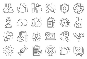 Poster - medical healthcare, doctor line icons. drug testing, scientific discovery and disease prevention sig