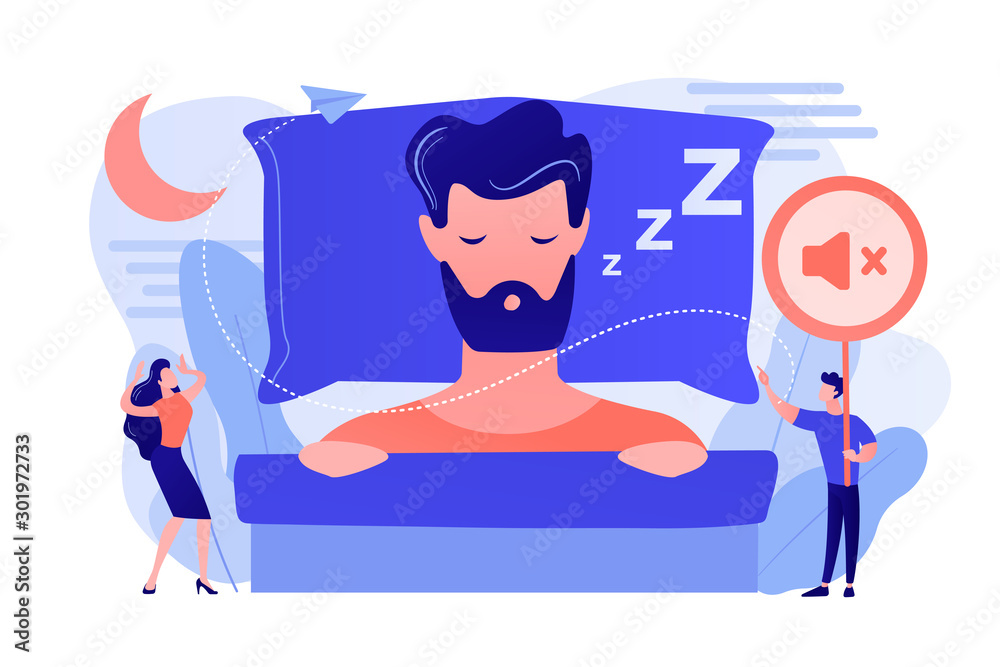 Businessman sleeping in bed and snoring, angry awake tiny people listening. Night snoring, sleep apnea syndrome, snoring and apnea treatment concept. Pinkish coral bluevector isolated illustration - obrazy, fototapety, plakaty 