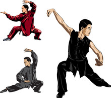 Wushu, Kung Fu, Taekwondo. Men Show Posture Fighting Stance Wushu. Slow Motion Technique. Vector Illustration. 