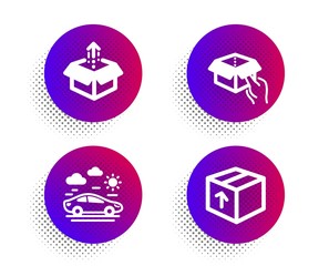 Poster - car travel, send box and hold box icons simple set. halftone dots button. package sign. transport, d