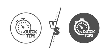 Poster - Helpful tricks sign. Versus concept. Quick tips line icon. Tutorials with timer symbol. Line vs classic quick tips icon. Vector