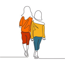 Continuous One Line Drawing Of Two Girls Walking. Concept Of Sisters Share Togetherness And Love. Vector Family And Friendship Metaphor.