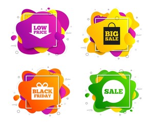 Wall Mural - Sale speech bubble icon. Banner shape, various colors. Black friday gift box symbol. Big sale shopping bag. Low price arrow sign. Geometric vector banner. Gradient liquid shape badge. Vector