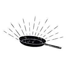 Black Sketched Cast-Iron Frying Pan.  Retro Style. Cookery Poster. Design Elements For Cooking Club, Cafe, Restaurant Or Home Cooking. Vector Illustration.