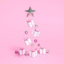 White Gift Box With Pink Ribbon, Metallic Silver And Pink Christmas Ball Ornaments Floating Shape Look Like Christmas Tree On Pink Background 3d Rendering. 3d Illustration Christmas And New Year Style