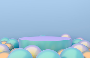 Poster - Empty cylinder box with Christmas balls background. Luxury cosmetic product display scene. 3d render.