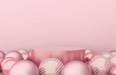 Aufkleber - Empty cylinder box with Christmas balls background. Luxury cosmetic product display scene. 3d render.