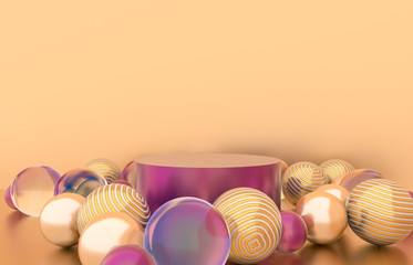 Fototapete - Empty cylinder box with Christmas balls background. Luxury cosmetic product display scene. 3d render.
