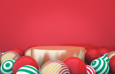Fototapete - Empty cylinder box with Christmas balls background. Luxury cosmetic product display scene. 3d render.