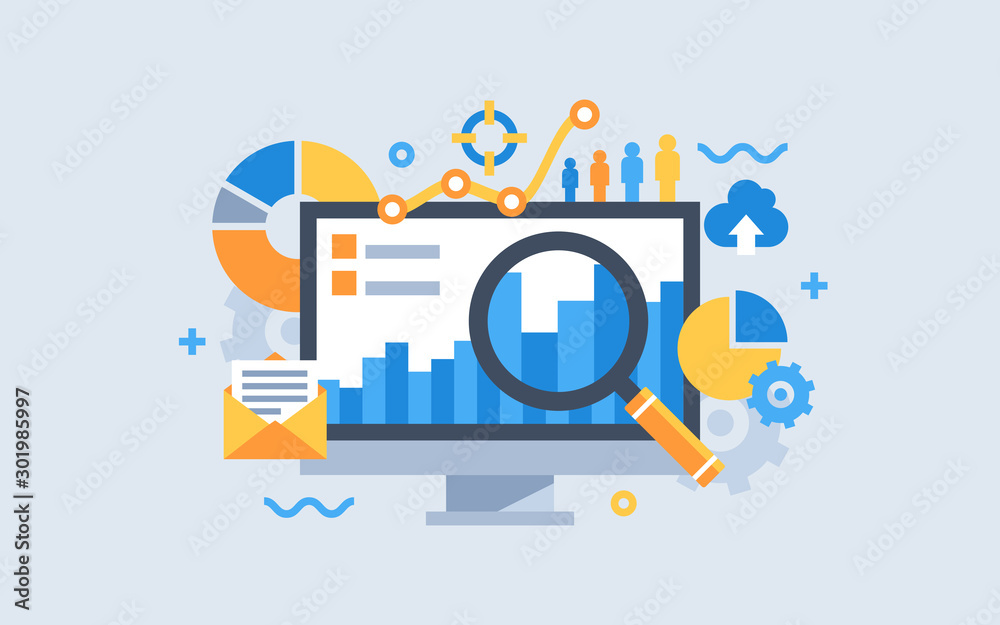 Modern flat design for analysis website banner. Vector illustration concept for business analysis, market research, product testing, data analysis. - obrazy, fototapety, plakaty 