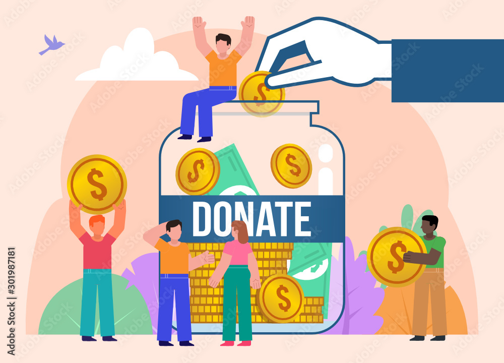 Crowdfunding, donation, fundraising for charity. Group of people with ...