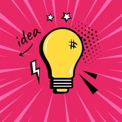 Comic light bulb with speech elements on pink background in pop art style. Vector illustration