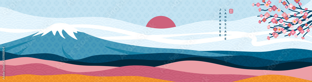 Mount Fuji panorama at sunset with sakura tree. Japanese greeting card or banner for Happy New Year 2020. Clouds, sun and asian patterns in modern style. - obrazy, fototapety, plakaty 
