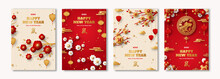 Posters Set For 2020 Chinese New Year. Hieroglyph Translation - Rat. Vector Illustration. Asian Clouds, Lanterns, Gold Pendant And Red Paper Cut Flowers On Sakura Branches. Place For Your Text.