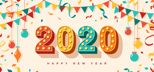 Sticker - Happy New Year 2020 card or banner with typography design. Vector illustration with retro light bulbs font, streamers, confetti and hanging baubles.