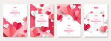Valentine's Day Concept Posters Set. Vector Illustration. 3d Red And Pink Paper Hearts With Frame On Geometric Background. Cute Love Sale Banners Or Greeting Cards