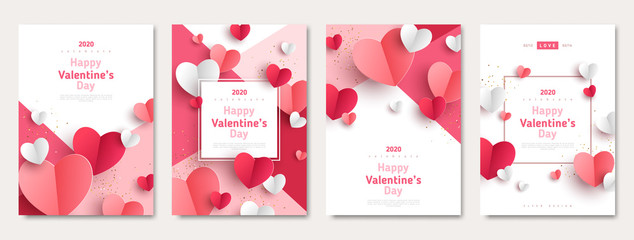 valentine's day concept posters set. vector illustration. 3d red and pink paper hearts with frame on