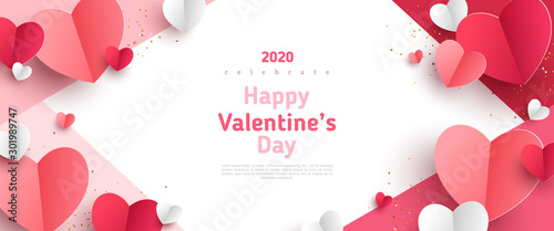 Valentine's day concept frame. Vector illustration. 3d red and pink paper hearts on geometric background. Cute love sale banner or greeting card © kotoffei