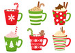 © Sylfida - Winter holiday cups with drinks. Mugs with hot chocolate, cocoa or coffee, and cream. Gingerbread man cookie, candy cane, cinnamon sticks, marshmallows. Vector illustration